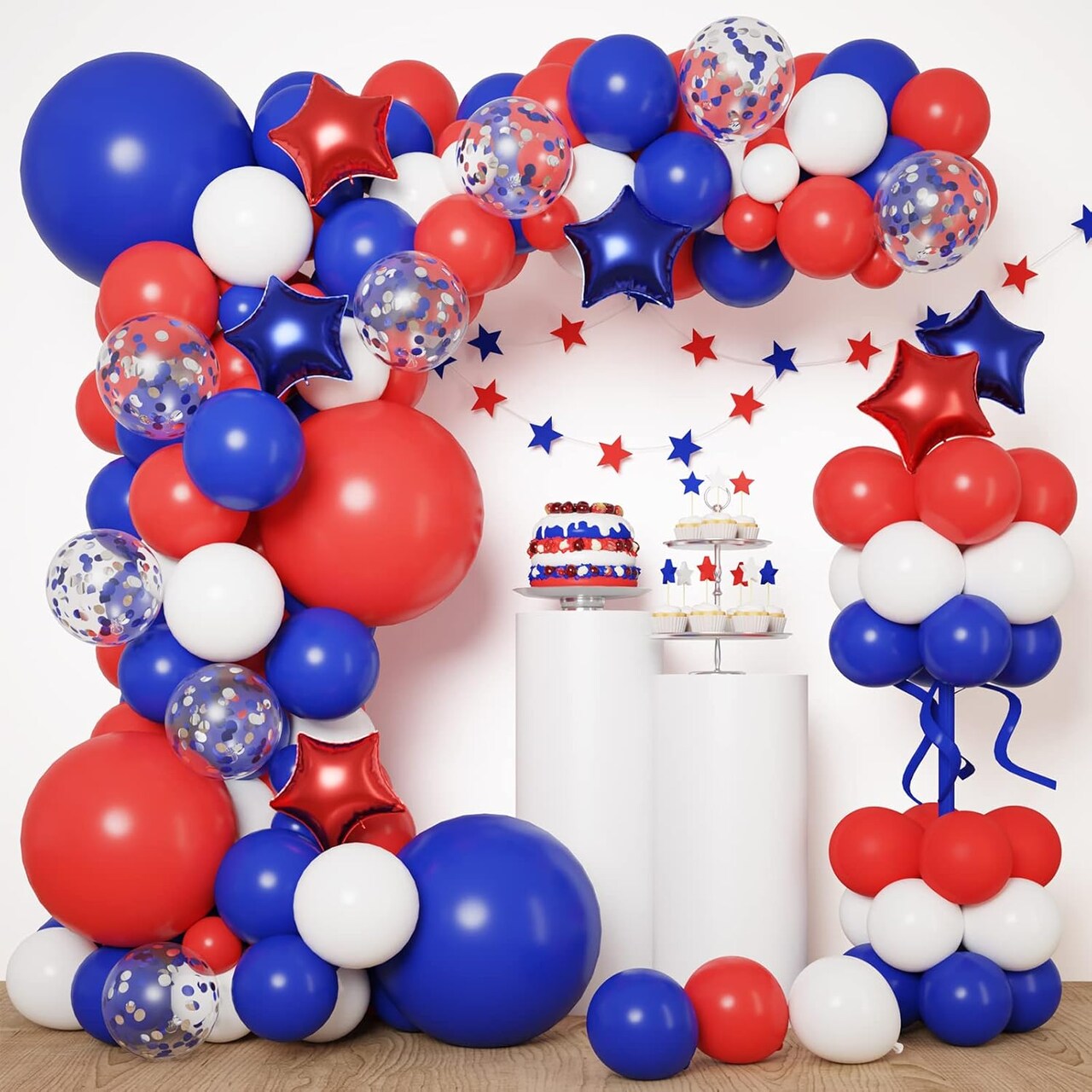 160-Piece Red, White & Blue Balloon Garland Kit – 4th of July Patriotic Decorations with Star Foil Balloons for Birthday, Wedding, Baseball & Nautical Themes